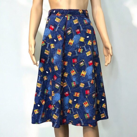 SOLD Vintage 70s Handmade A Line Denim Patchwork Pattern Skirt M 8/10 - Picture 1 of 5